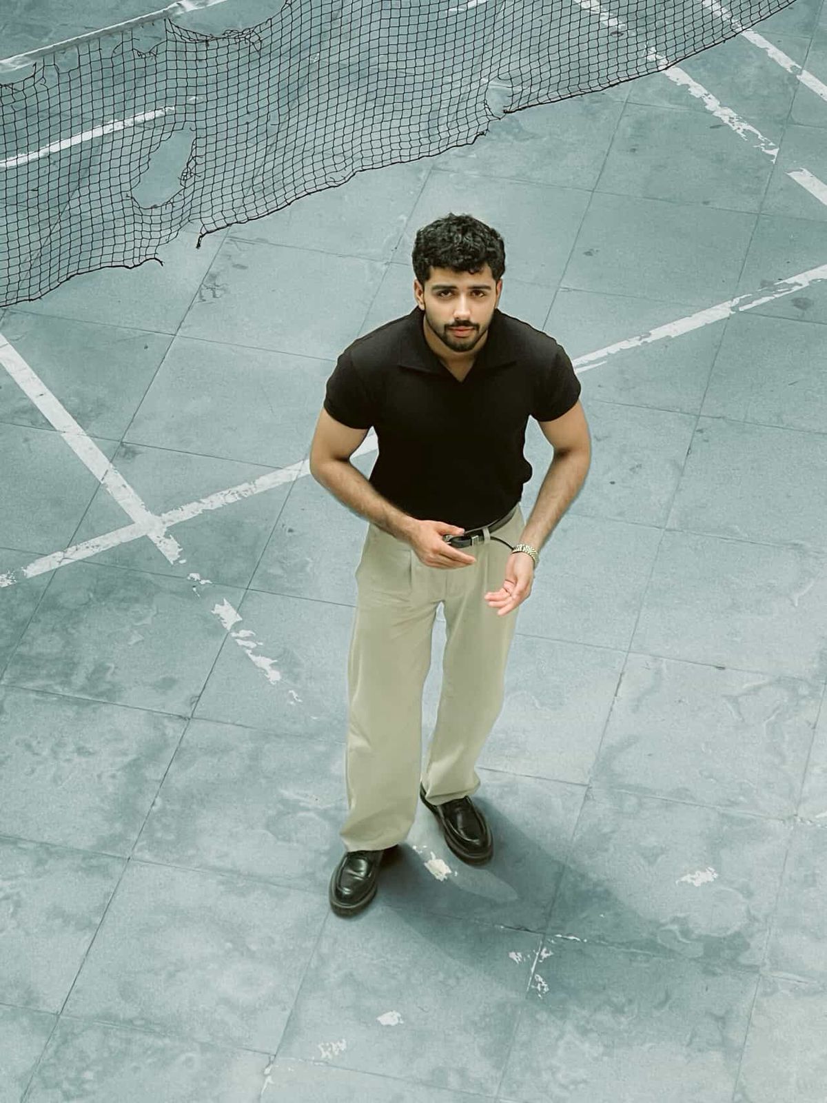 Black Textured V-Neck Polo