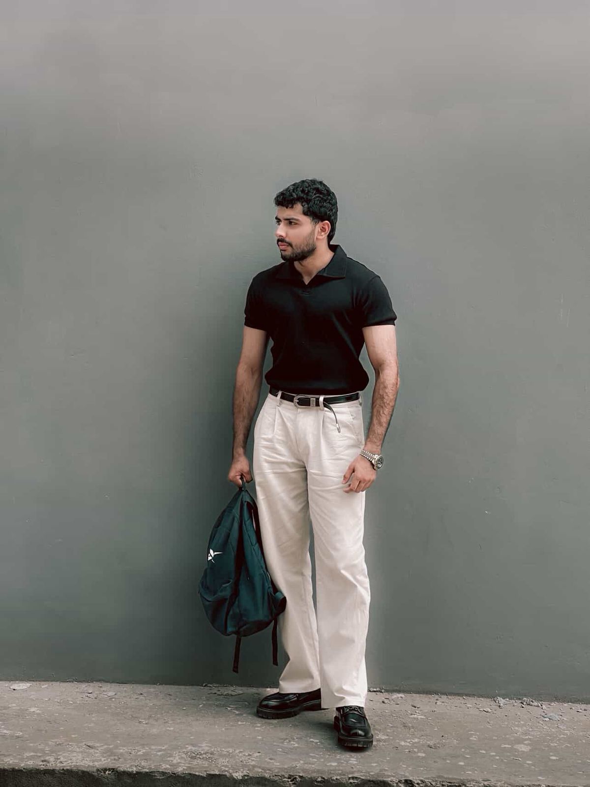 Black Textured V-Neck Polo