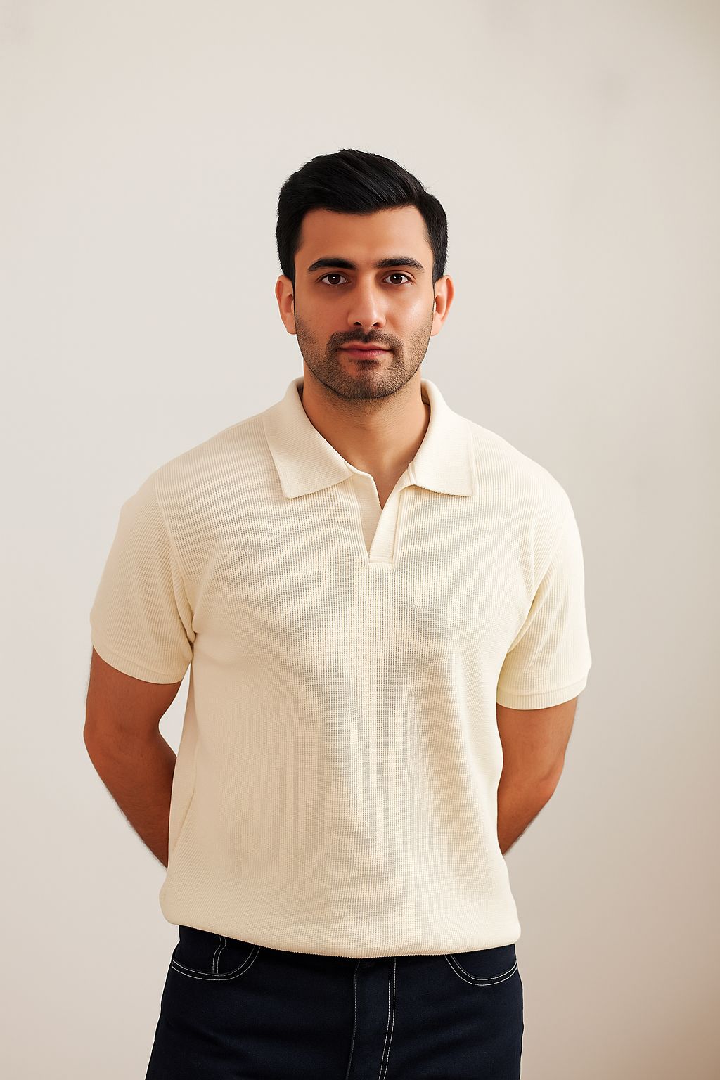 White Textured V-Neck Polo