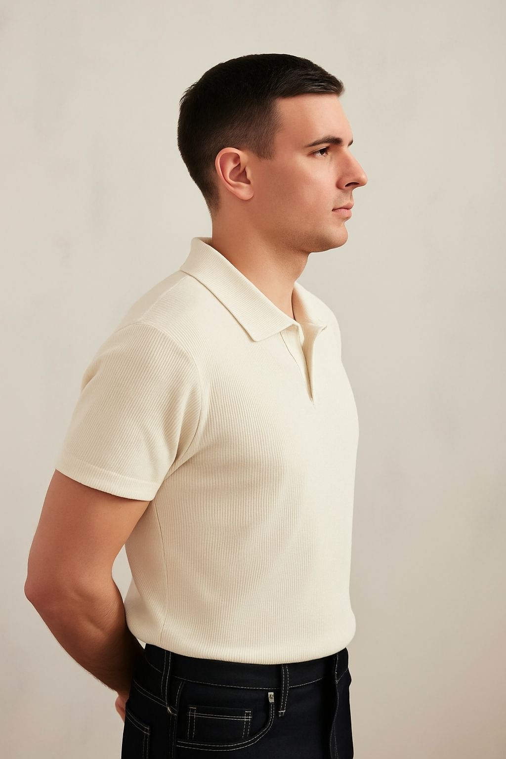 White Textured V-Neck Polo
